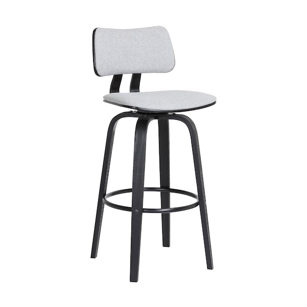 Armen Living Pico 30" Swivel Black Wood Bar Stool in Light Gray Fabric with Black Metal - LCPIBABLKLTGR30