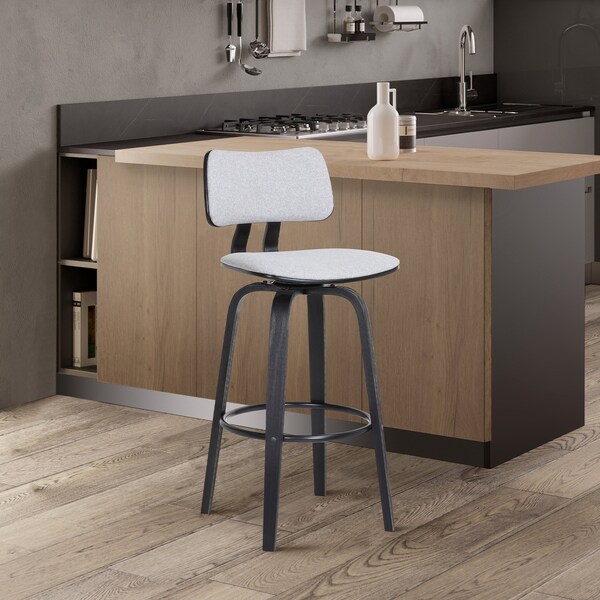 Armen Living Pico 30" Swivel Black Wood Bar Stool in Light Gray Fabric with Black Metal - LCPIBABLKLTGR30