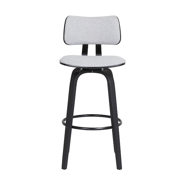 Armen Living Pico 30" Swivel Black Wood Bar Stool in Light Gray Fabric with Black Metal - LCPIBABLKLTGR30