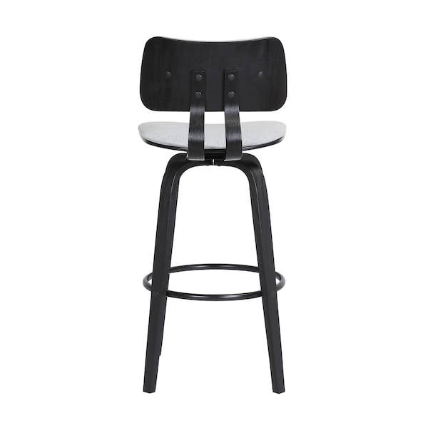 Armen Living Pico 30" Swivel Black Wood Bar Stool in Light Gray Fabric with Black Metal - LCPIBABLKLTGR30