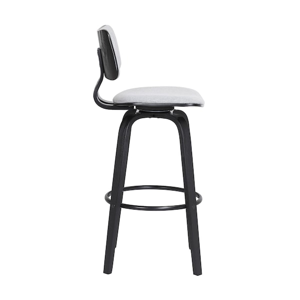 Armen Living Pico 30" Swivel Black Wood Bar Stool in Light Gray Fabric with Black Metal - LCPIBABLKLTGR30