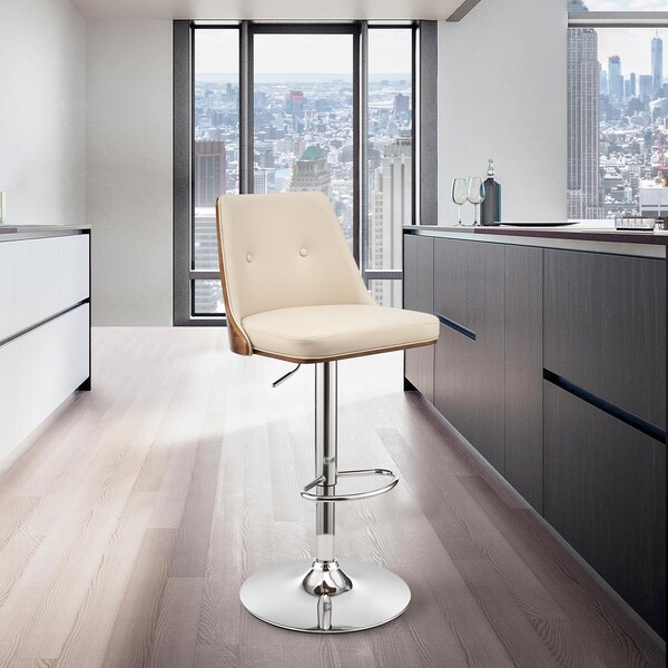 Armen Living Jacob Adjustable and Swivel Cream Faux Leather and Walnut Wood Bar Stool with Chrome Base - LCJBBAWACR