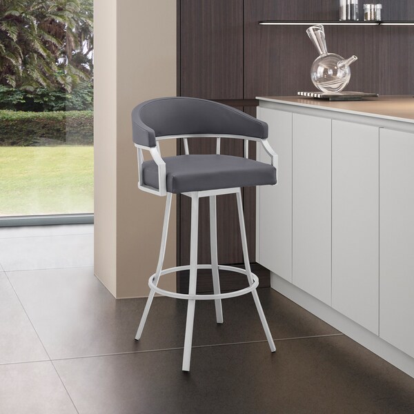 Armen Living Palmdale 30" Swivel Slate Gray Faux Leather and Silver Metal Bar Stool - 795044878189