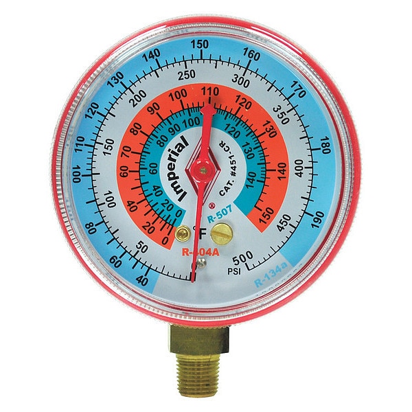 Imperial Gauge, 2-1/2 In Dia, High Side, Red, 500 psi - 451-CR