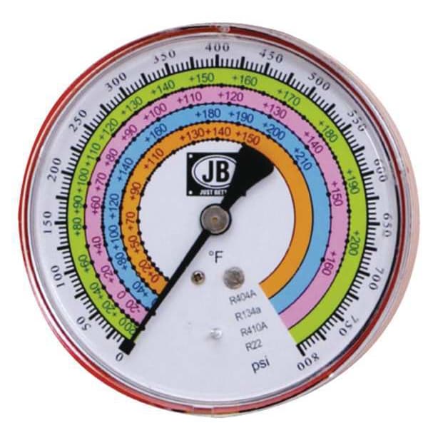 Jb Industries Gauge, 4 In Dia., High Side, Red, 800 psi - M2-405