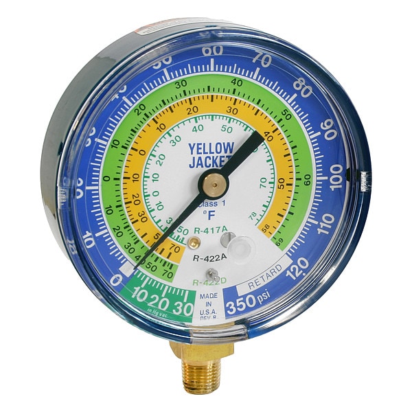 Yellow Jacket Low Side Gauge, 3 1/8 in Dia, Blue - 49160