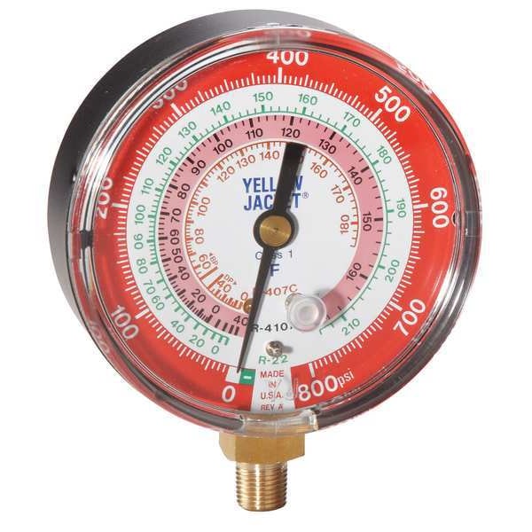 Yellow Jacket Gauge, 3-1/8In Dia, High Side, Red, 800 psi - 49141