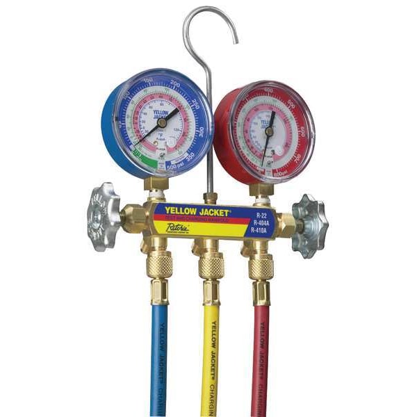 Yellow Jacket Mechanical Manifold Gauge Set, 2 Valve, 3 Hoses, Vacuum Port Size 1/4 in - 42004