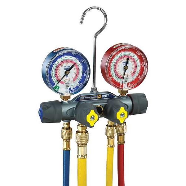 Yellow Jacket Mechanical Manifold Gauge Set, 4 Valve, 4 Hoses, Vacuum Port Size 3/8 in - 49967