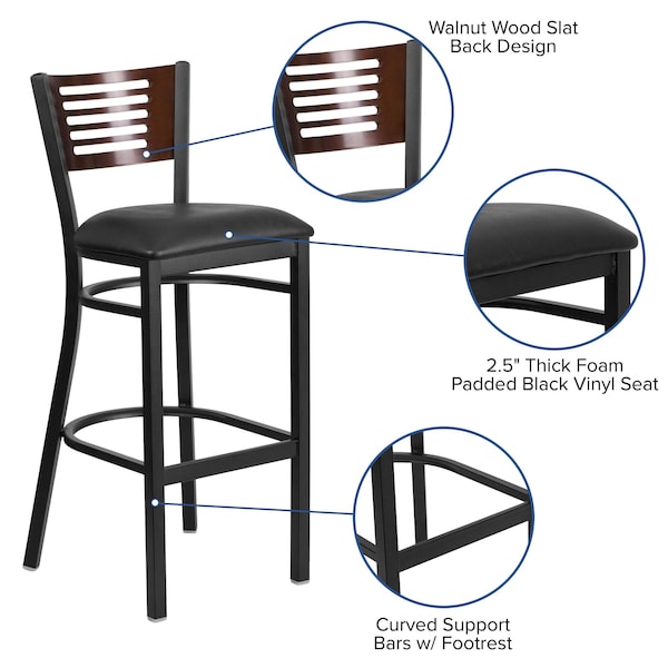 Flash Furniture Slat Stool, Blk/Walnut, Black Vinyl Seat - XU-DG-6H1B-WAL-BAR-BLKV-GG