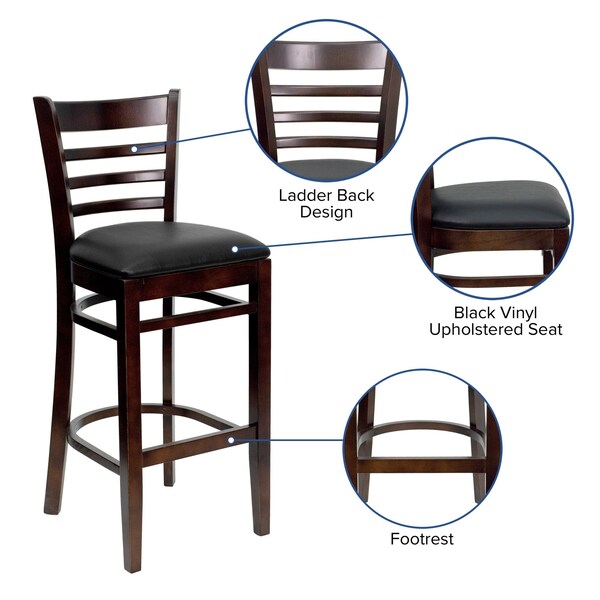 Flash Furniture Wood Barstool, Walnut, Ladder Bck, Blk Vny, Seat Height Range: 31" - XU-DGW0005BARLAD-WAL-BLKV-GG