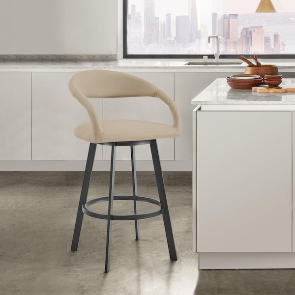 Armen Living Ramona 30in Swivel Bar Stool with Matte Black Iron and Beige Faux Leather - LCRASWBABLKBG30