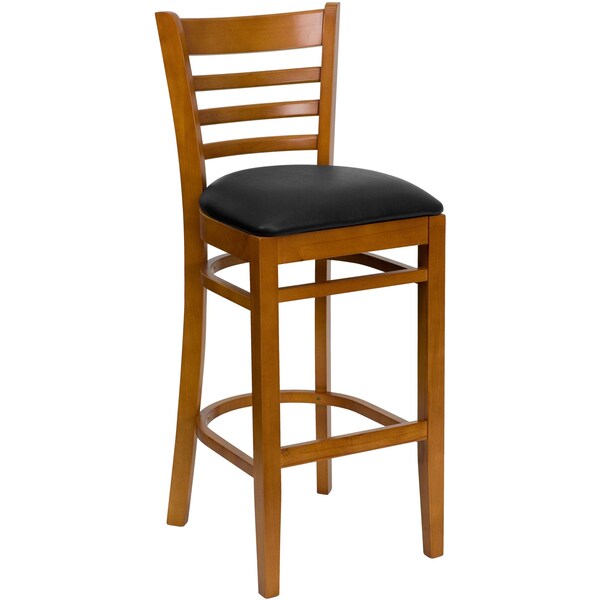 Flash Furniture Stool, Ladder Back, Cherry Wood w/Blk Vny - XU-DGW0005BARLAD-CHY-BLKV-GG