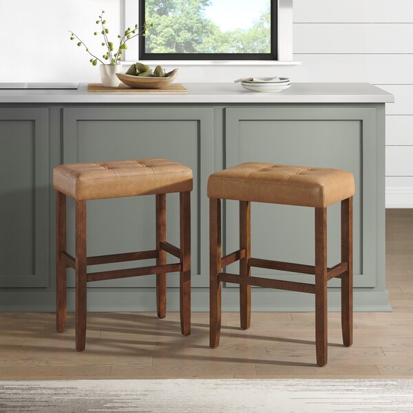 Alaterre Furniture Madison Backless Bar Height Stool True Walnut Finish with Cognac PU - AVMA2220