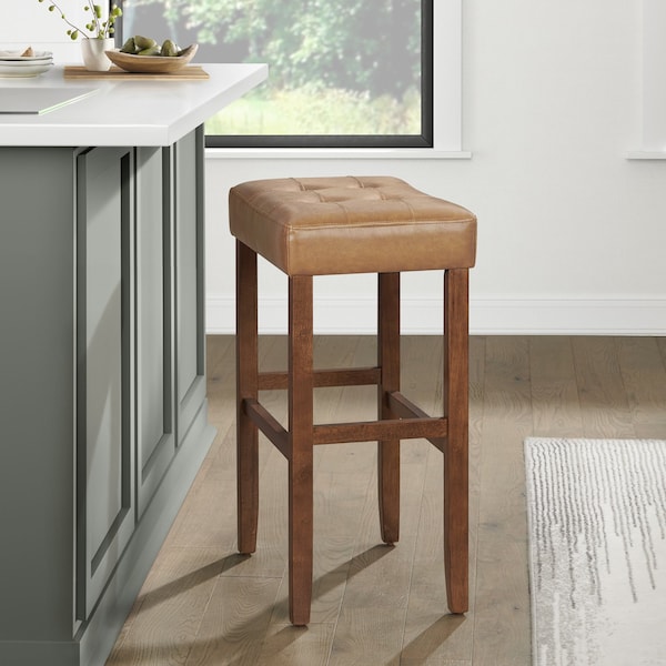 Alaterre Furniture Madison Backless Bar Height Stool True Walnut Finish with Cognac PU - AVMA2220
