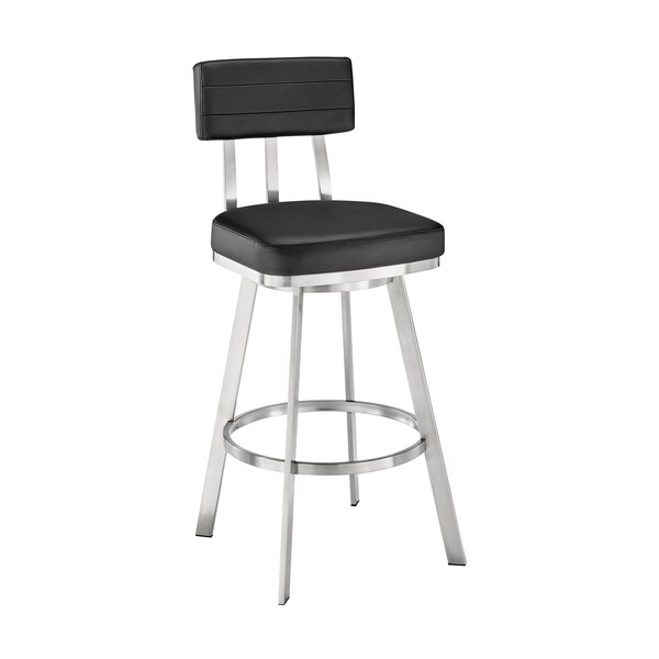 Armen Living Benjamin 30in Swivel Bar Stool in Brushed Stainless Steel with Black Faux Leather - LCBEBABSBLK30