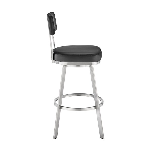 Armen Living Benjamin 30in Swivel Bar Stool in Brushed Stainless Steel with Black Faux Leather - LCBEBABSBLK30