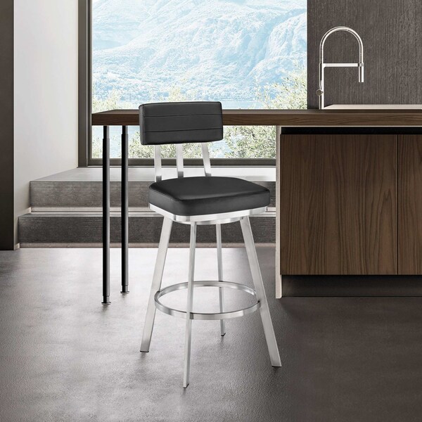 Armen Living Benjamin 30in Swivel Bar Stool in Brushed Stainless Steel with Black Faux Leather - LCBEBABSBLK30