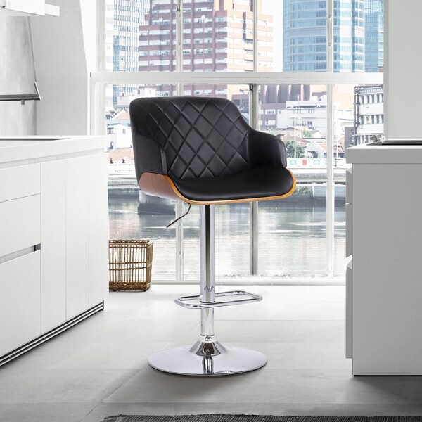 Armen Living Toby Black Faux Leather Adjustable Height Swivel Walnut Wood and Chrome Bar Stool - LCTOSWBAWABL
