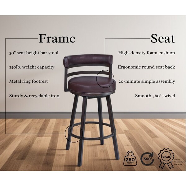 Armen Living Titana 30" Barstool in Auburn Bay finish with Brown Pu upholstery - 721535746859