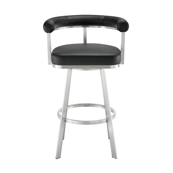 Armen Living Nolagam Swivel Bar Stool in Brushed Stainless Steel with Black Faux Leather - 840254335660