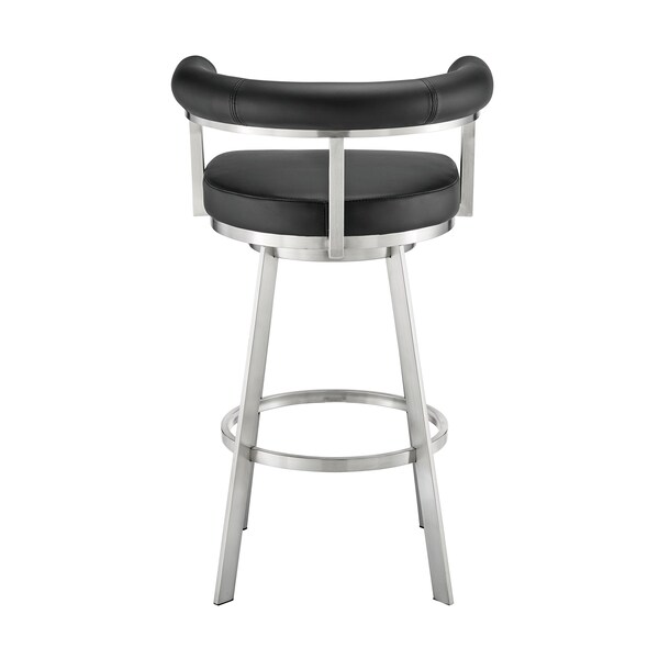 Armen Living Nolagam Swivel Bar Stool in Brushed Stainless Steel with Black Faux Leather - 840254335660