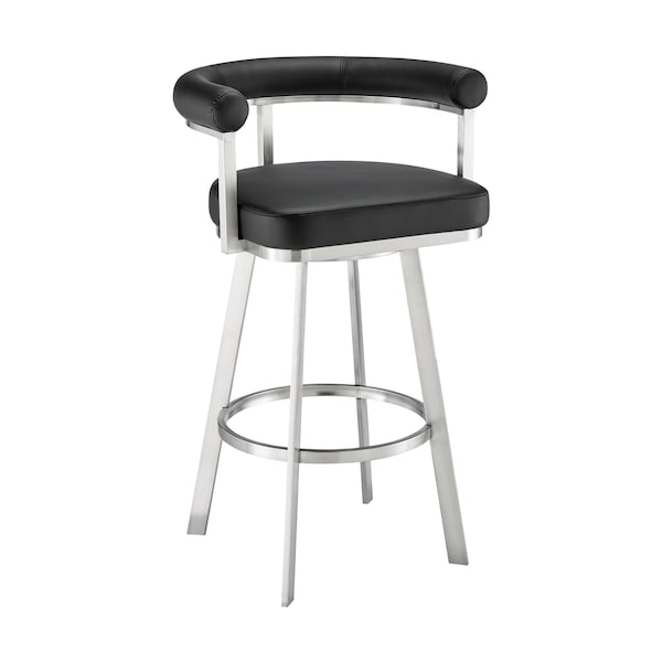 Armen Living Nolagam Swivel Bar Stool in Brushed Stainless Steel with Black Faux Leather - 840254335660