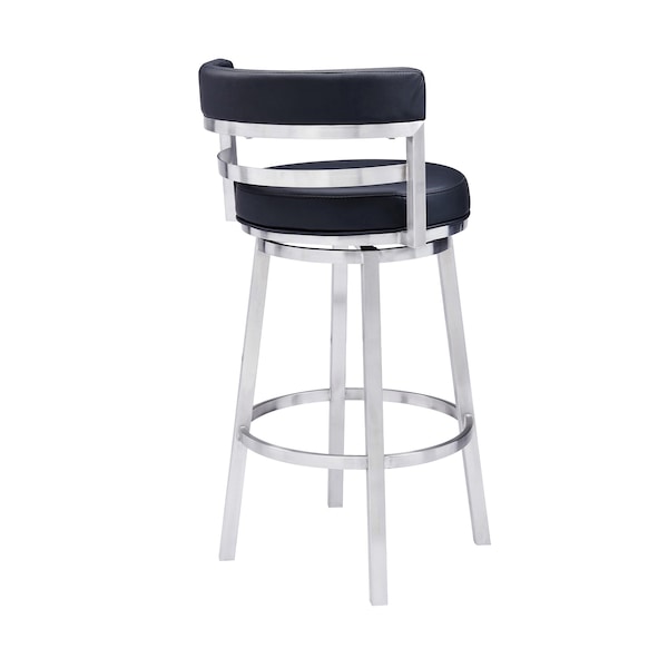 Armen Living Titana 30" Bar Height Swivel Black Faux Leather and Brushed Stainless Steel Bar Stool - 840254335103