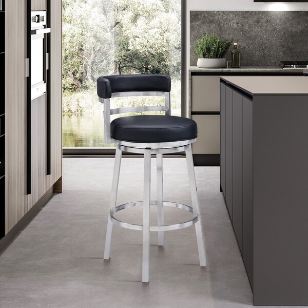 Armen Living Titana 30" Bar Height Swivel Black Faux Leather and Brushed Stainless Steel Bar Stool - 840254335103