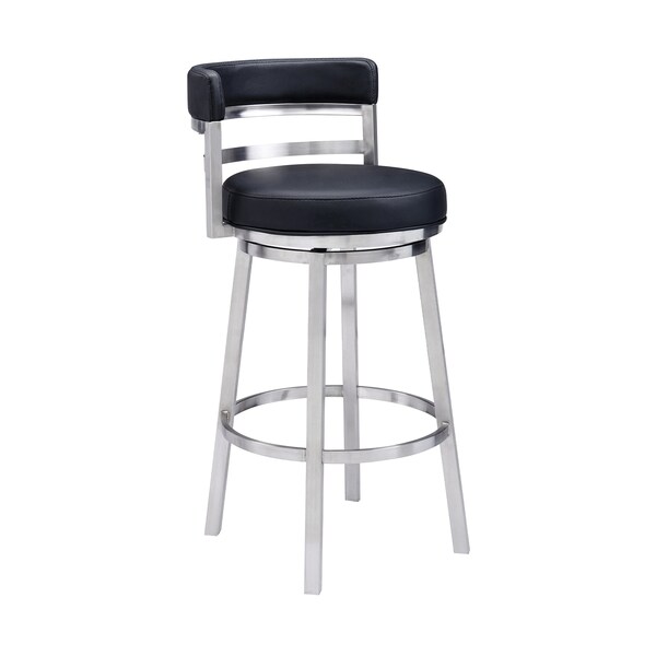 Armen Living Titana 30" Bar Height Swivel Black Faux Leather and Brushed Stainless Steel Bar Stool - 840254335103