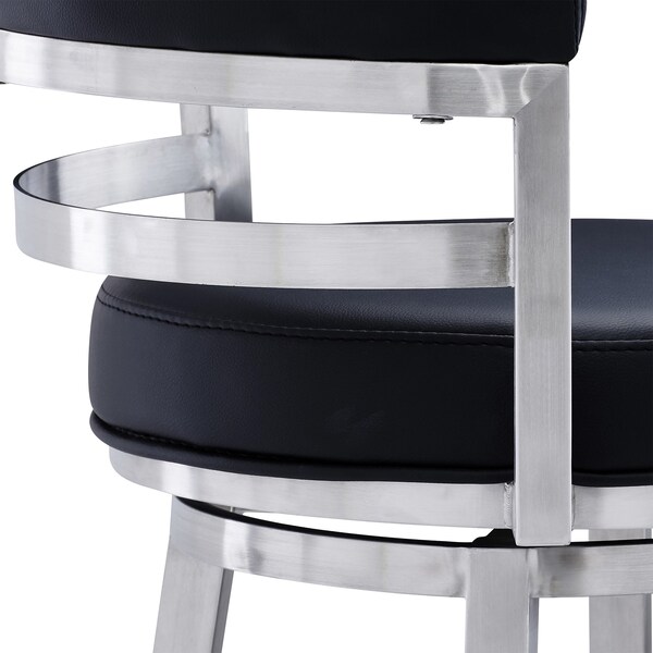 Armen Living Titana 30" Bar Height Swivel Black Faux Leather and Brushed Stainless Steel Bar Stool - 840254335103