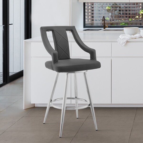 Armen Living Maxen 30" Gray Faux Leather and Brushed Stainless Steel Swivel Bar Stool - LCMXBABSGR30