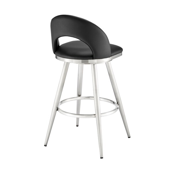 Armen Living Lottech Swivel Bar Stool in Brushed Stainless Steel with Black Faux Leather - 840254335400