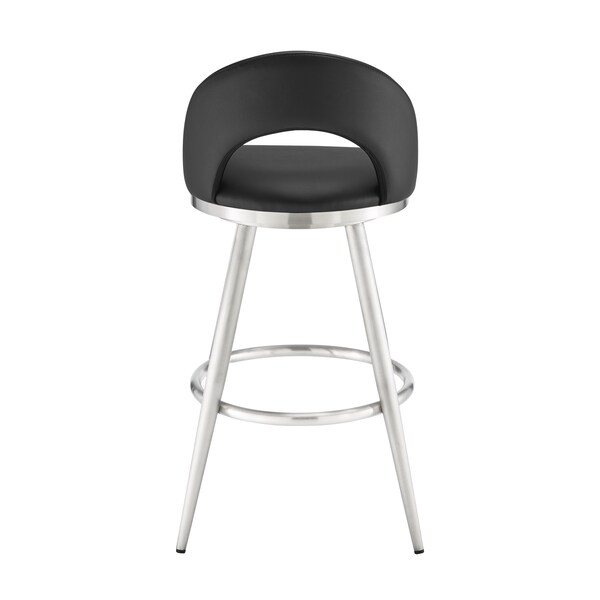 Armen Living Lottech Swivel Bar Stool in Brushed Stainless Steel with Black Faux Leather - 840254335400