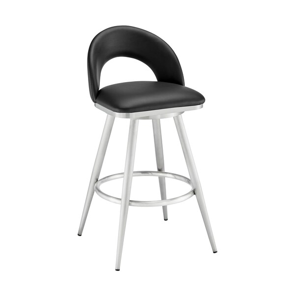 Armen Living Lottech Swivel Bar Stool in Brushed Stainless Steel with Black Faux Leather - 840254335400