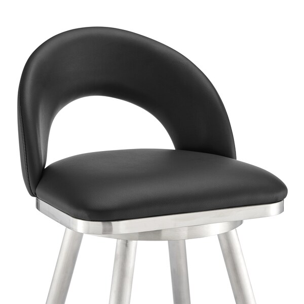 Armen Living Lottech Swivel Bar Stool in Brushed Stainless Steel with Black Faux Leather - 840254335400
