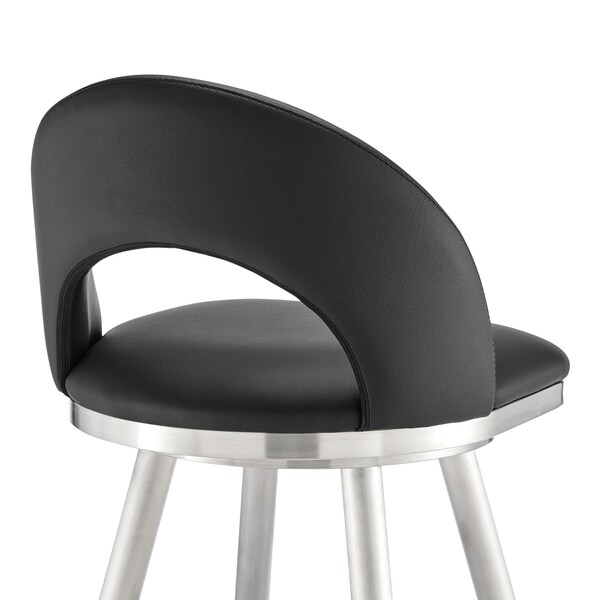 Armen Living Lottech Swivel Bar Stool in Brushed Stainless Steel with Black Faux Leather - 840254335400