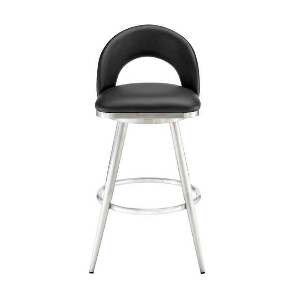 Armen Living Lottech Swivel Bar Stool in Brushed Stainless Steel with Black Faux Leather - 840254335400