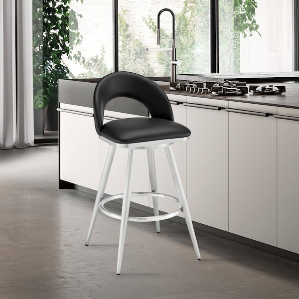 Armen Living Lottech Swivel Bar Stool in Brushed Stainless Steel with Black Faux Leather - 840254335400