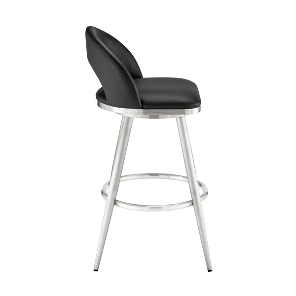 Armen Living Lottech Swivel Bar Stool in Brushed Stainless Steel with Black Faux Leather - 840254335400