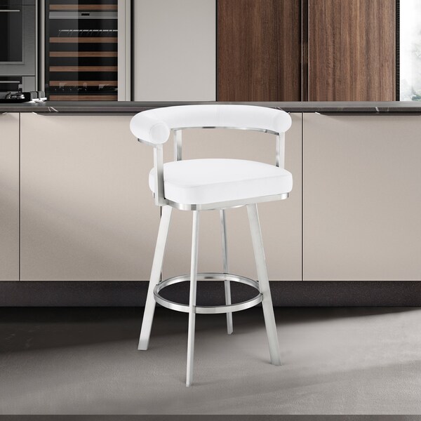 Armen Living Nolagam Swivel Bar Stool in Brushed Stainless Steel with White Faux Leather - 840254335684