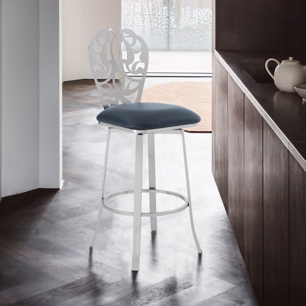 Armen Living Cherie Contemporary 30" Bar Height Barstool in Brushed Stainless Steel Finish and Gray Faux Leather - LCCHBABSGR30