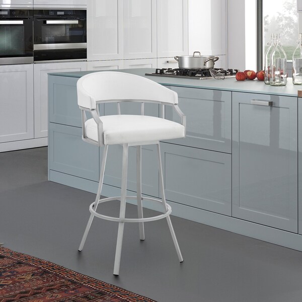 Armen Living Valerie 30" Swivel White Faux Leather and Silver Metal Bar Stool - LCVLBASLWH30