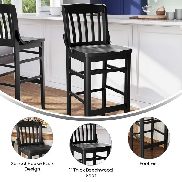 Flash Furniture HERCULES School House Back Black Wood Restaurant Barstool - XU-DG-W0006B-BLK-GG