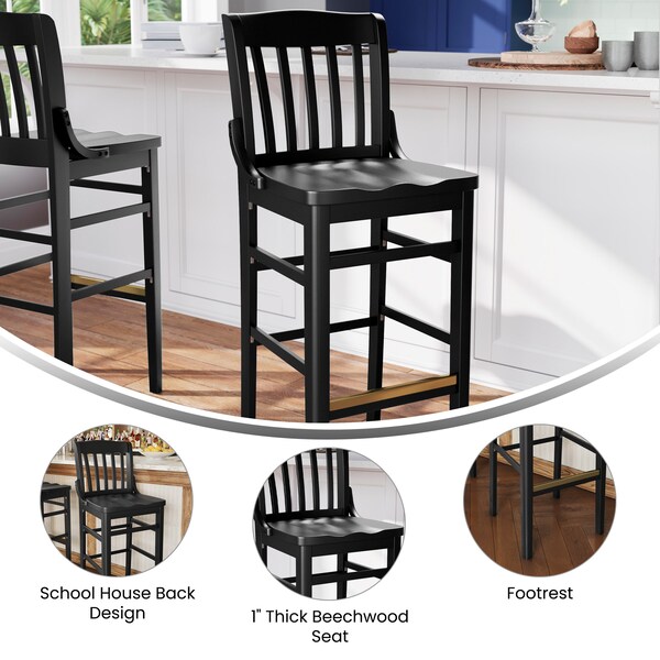 Flash Furniture HERCULES School House Back Black Wood Restaurant Barstool - XU-DG-W0006B-BLK-GG