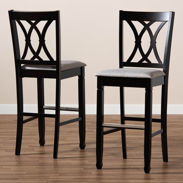 Baxton Studio Calista Grey Upholstered and Espresso Wood 2-Piece Bar Stool Set - 167-10854