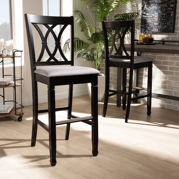 Baxton Studio Calista Grey Upholstered and Espresso Wood 2-Piece Bar Stool Set - 167-10854