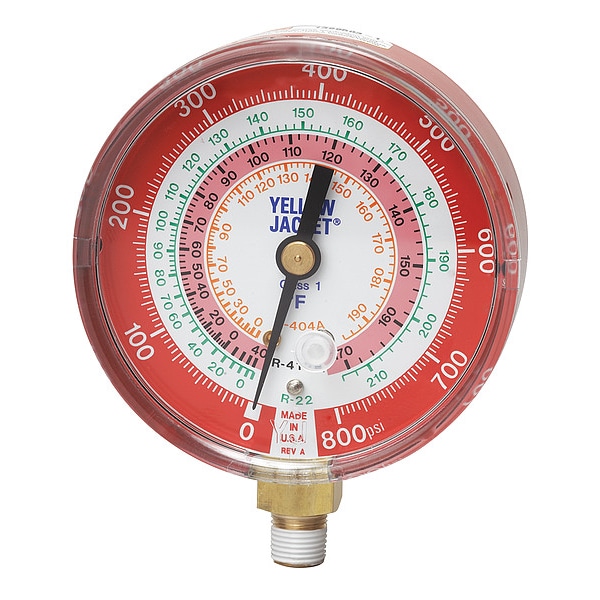 Yellow Jacket Gauge, 3-1/8 In Dia, High Side, Red, 800 psi - 49137