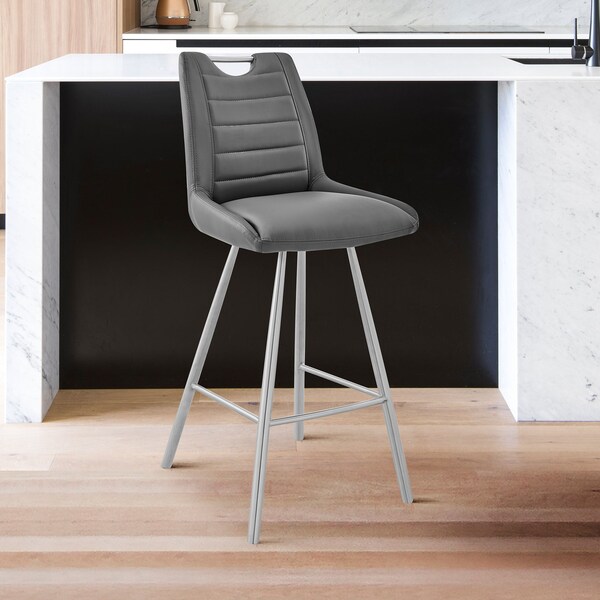 Armen Living Arizona 30" Bar Height Bar Stool in Charcoal Faux Leather and Brushed Stainless Steel Finish - LCAZBAGR30