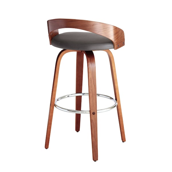 Armen Living Sonia 30" Bar Height Swivel Gray Faux Leather and Walnut Wood Bar Stool - LCSOBAGRWA30
